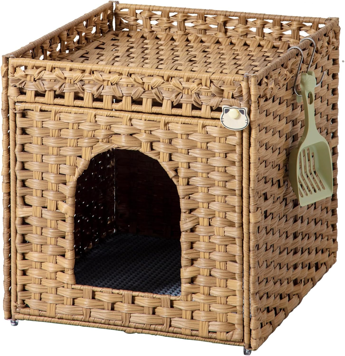 18.5 x 20.5 x 19.1 Cat Litter Box Enclosure Furniture, Hidden Litter Box with Mat and Fence, Handwoven Rattan Cat House with Two S-Shaped Hooks for Living Room, Bedroom, 18.5 x 20.5 x 19.1 Inches (Natural)